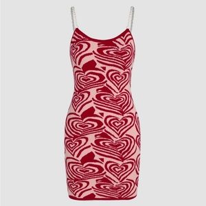 Valentines Day Knit Heart Pattern Pearl Cami Mini Dress with Pearl Straps